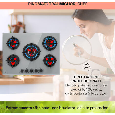 Klarstein Piano Cottura 5 Fuochi, Fornello a Gas Integrato 10400W, in Vetro  e Acciaio Inossidabile per Cucina, GPL : : Grandi elettrodomestici