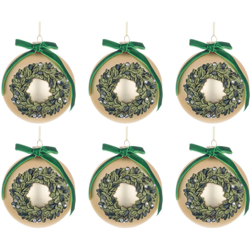 Palline Natale in Vetro Elegante con Fiocco in Raso Verde Corona - Diametro: 80 mm