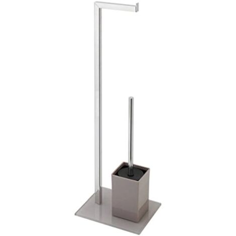 PIANTANA PORTA ROTOLO E SCOPINO BAGNO ACCIAIO BASE VETRO TORTORA 22x18xh.70,5 cm