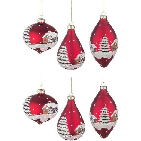 Pendagli Albero di Natale Palle in Vetro Rosso Villaggio con Neve Addobbi