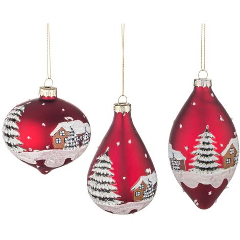 Pendagli Albero di Natale Palle in Vetro Rosso Villaggio con Neve Addobbi