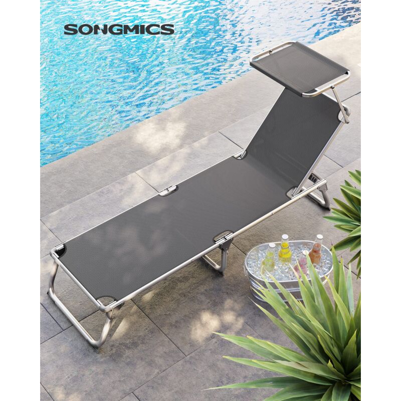 Sdraio Pieghevole Con Parasole - 200x65 Cm, Portata 150 Kg, Schienale Reclinabile - Per Giardino E Piscina - Foto 2