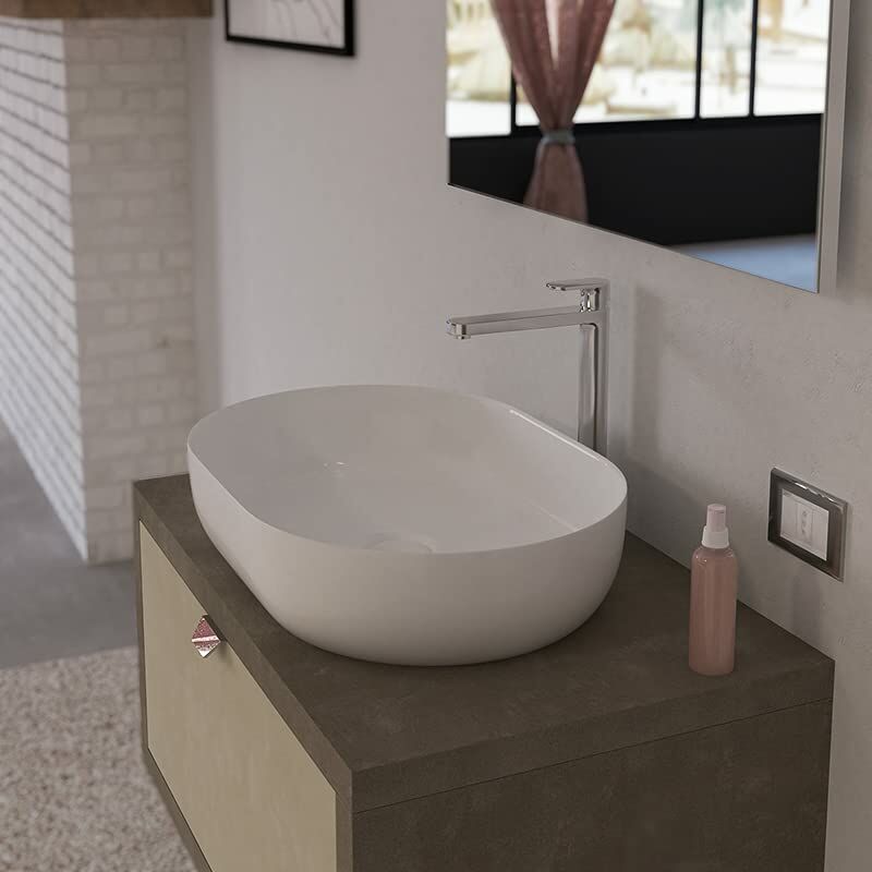 ERCOS Lavabo D'appoggio Ovale In Ceramica, Lavabo Bagno Colore Bianco  Lucido , Senza Troppopieno, Dimensioni 600x416 mm