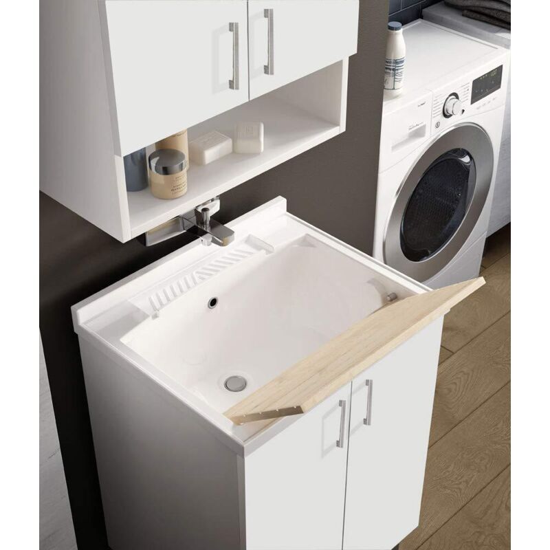 Mobile Lavatoio ATENA Bianco - Con Vasca In Metacrilato E Asse In Legno, 60x50x86.5 Cm - Foto 5