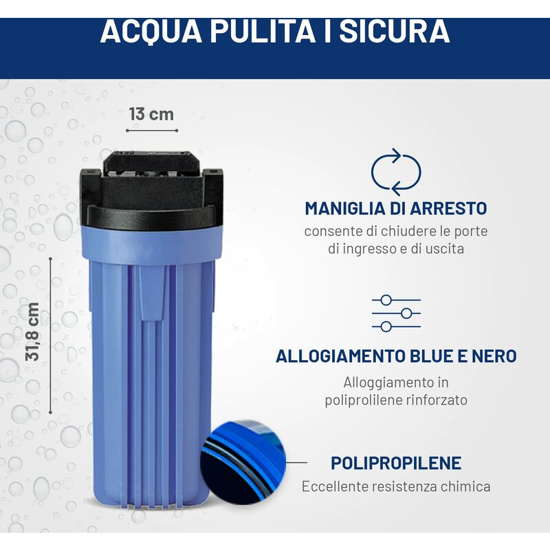 Alloggiamento Filtro Acqua Con Valvola Integrata - Per Cartucce Standard 10'', Blu/Trasparente, 3/4'' I/O