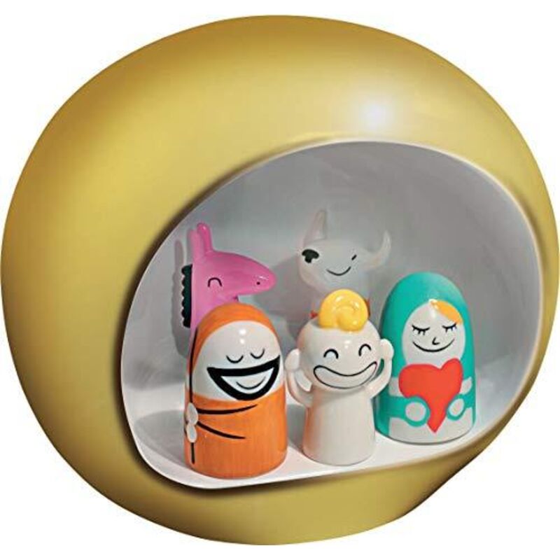 Presepe Alessi In Porcellana Decorato A Mano - Grotta Della Natività, 5 Pezzi, Oro - Foto 2
