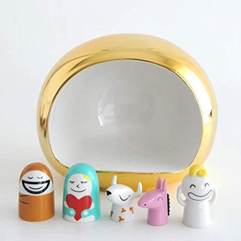 Presepe Alessi In Porcellana Decorato A Mano - Grotta Della Nativit&agrave;, 5 Pezzi, Oro