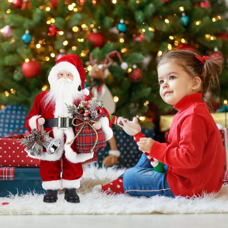 Statua Di Babbo Natale In Piedi Con Abito In Tessuto - Decorazione Natalizia Realistica 30 Cm, In Plastica E Poliestere