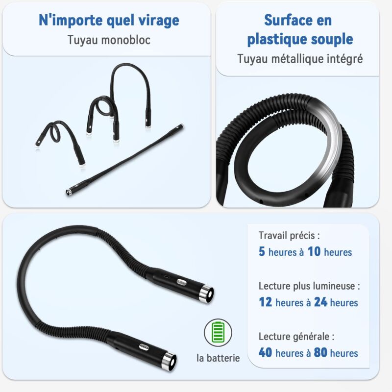 Lampada Da Collo LED Ricaricabile - 3 Colori, Pieghevole, Per Lettura E Lavoro, Nero - Foto 8