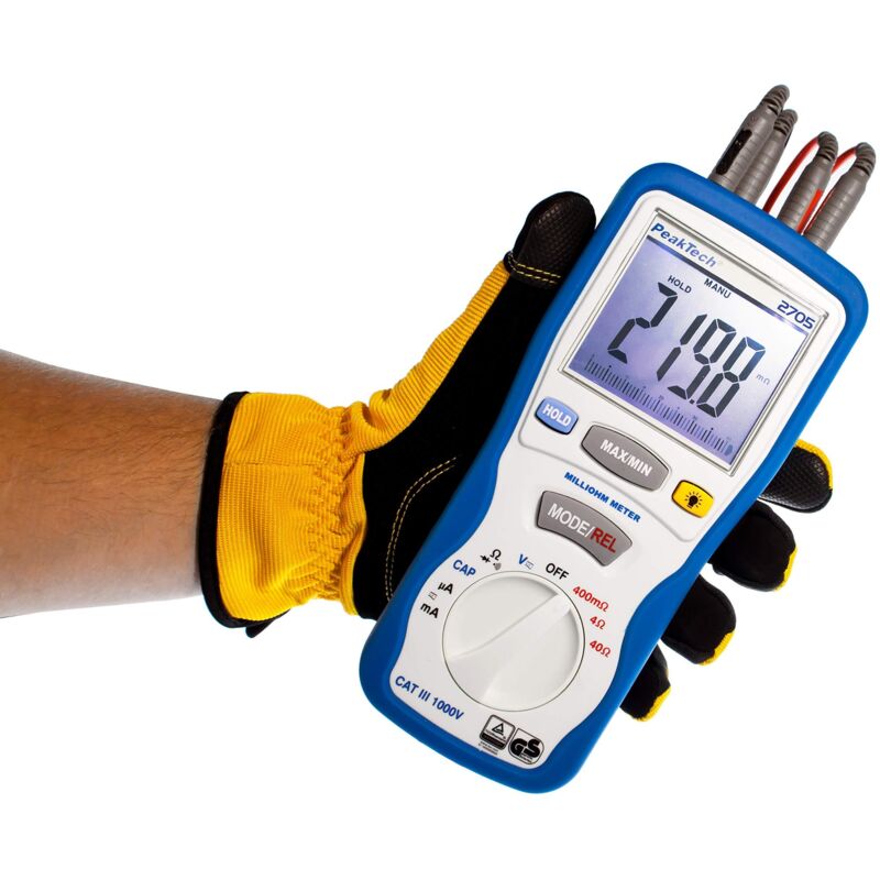 PeakTech 2705 - Digital Milliohmmeter with 4-Pin Kelvin Measuring Cords, Distance Measurement, TÜV/GS, Multimeter, Continuity Tester, Bargraph - CAT III 1000 V