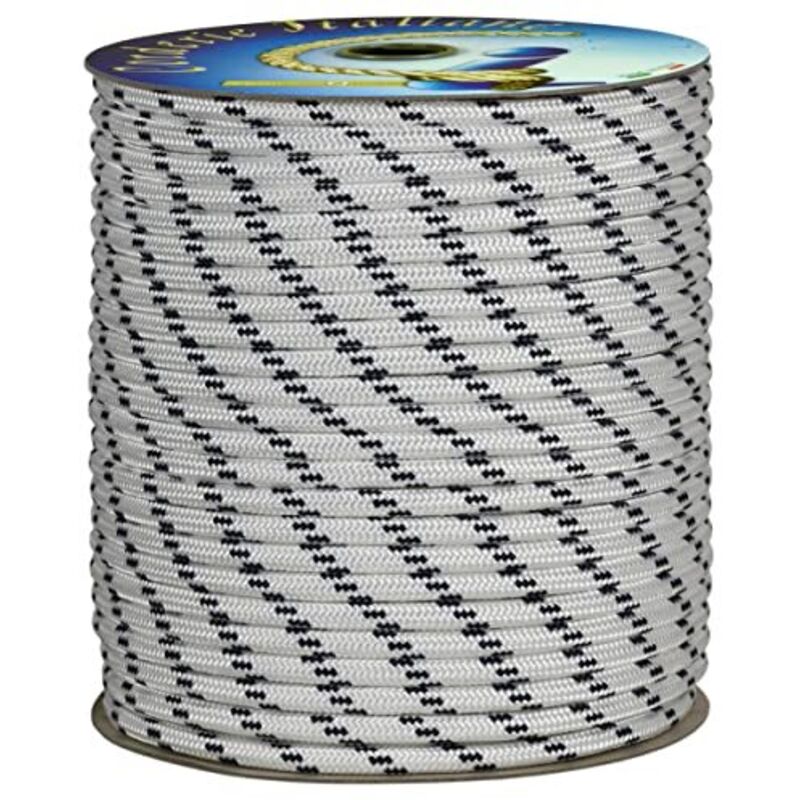 Corda Trecciata Nautica Poliestere 8mm X 50m - Bianca Con Segnalino Azzurro, Stabilizzata UV, Made In Italy | Per Mare E Multiuso
