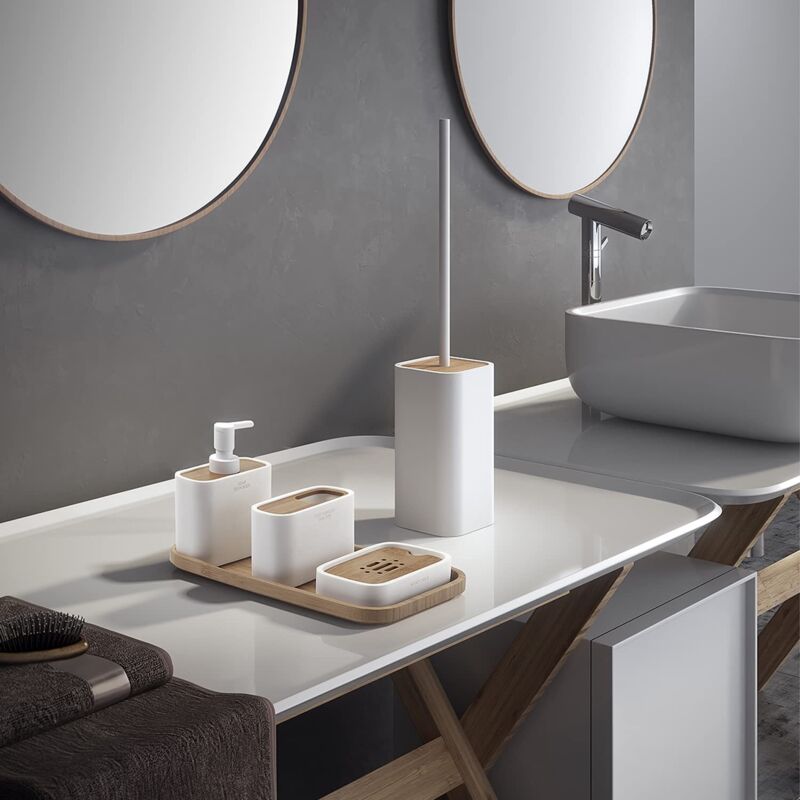 Dispenser Sapone In Ceramica E Sughero Gedy | Design Moderno | Bianco | 17x7x7 Cm - Foto 4