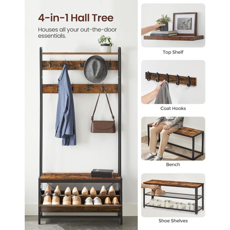 Appendiabiti VASAGLE Con Panchina - Armadio Ingresso, Scarpiera, 5 Ganci Doppi, Stile Industriale, 80x32x178.5 Cm - Foto 5