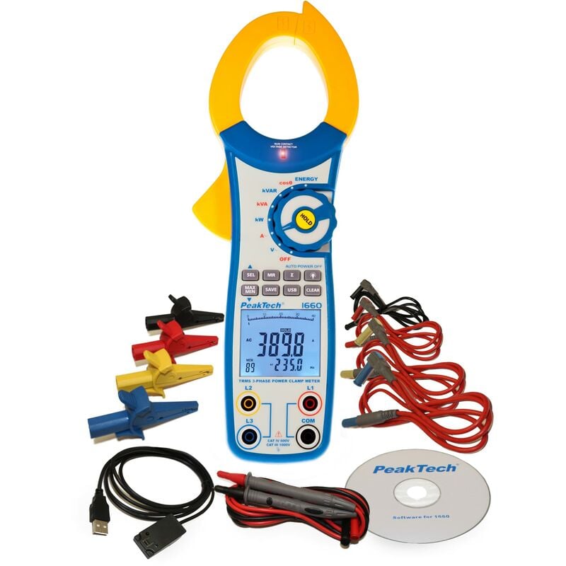 Peak Tech 3 fasi Pinza amperometrica/Potenza Pinza amperometrica digitale  1000 a con USB Max. 750 KW/energia misuratore/Fattore di  potenza/motortester, 1 pezzi, P 1660