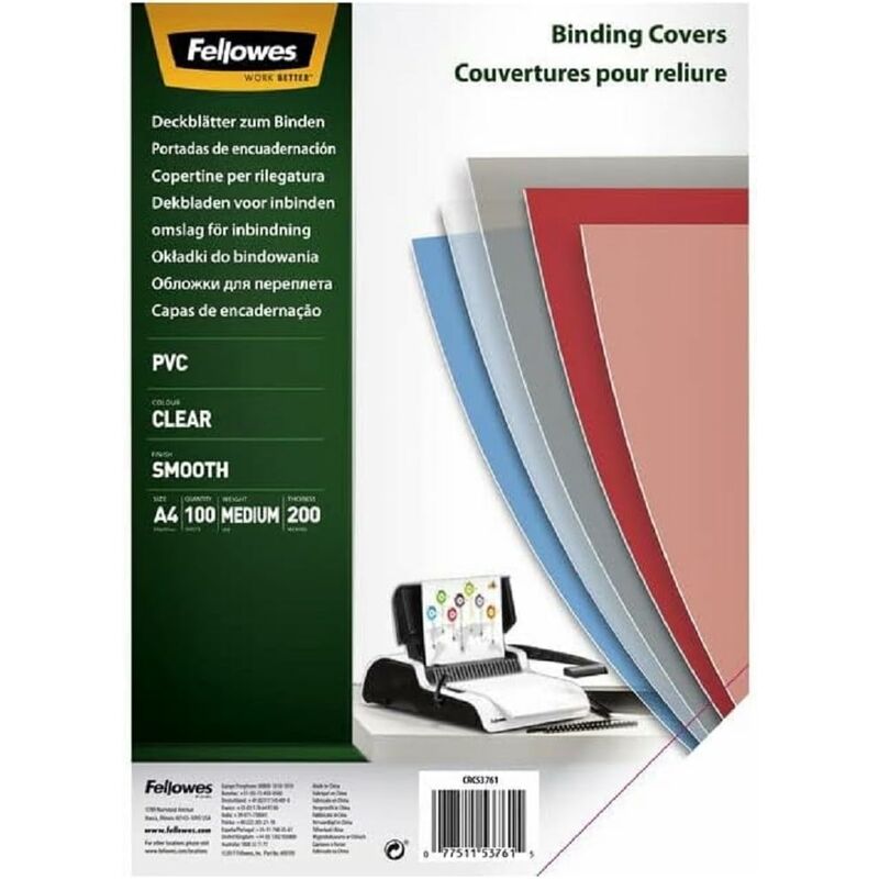 Fellowes Copertine per Rilegatrice in PVC trasparente, 200 mic, 100 Pezzi,  A4