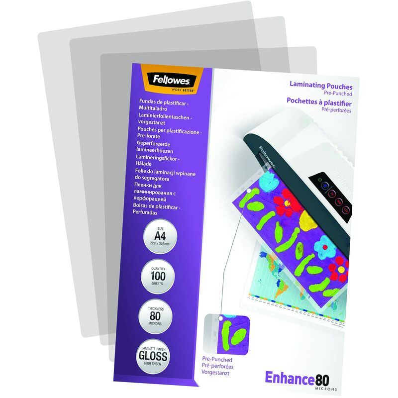 Fellowes 5452502 Pouches Perforata, 80 Micron, 228 x 303 mm, per Formato A4,  Confezione da 100 Pezzi