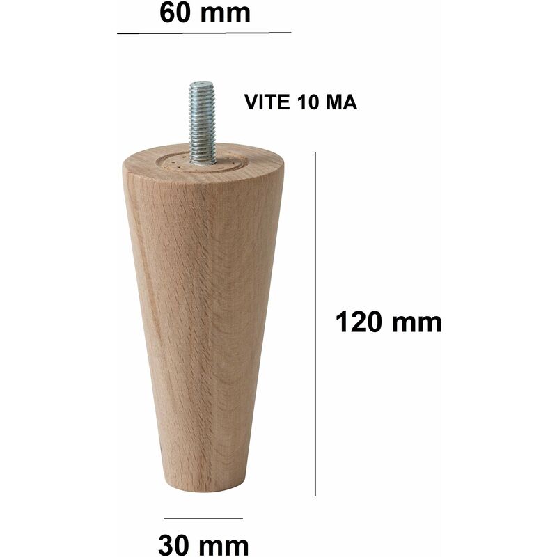 IPEA Piedini per Mobili e Divani Alti 12 cm in Legno – Made in Italy –  Forma Cono – Set di 4 Gambe per Armadi, Poltrone, Letto – 120 mm – Piedi in  Faggio, Colore Chiaro