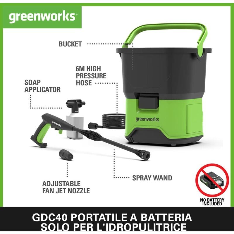 Greenworks GDC40 Idropulitrice a Batteria - 70 Bar, 300 L/ora