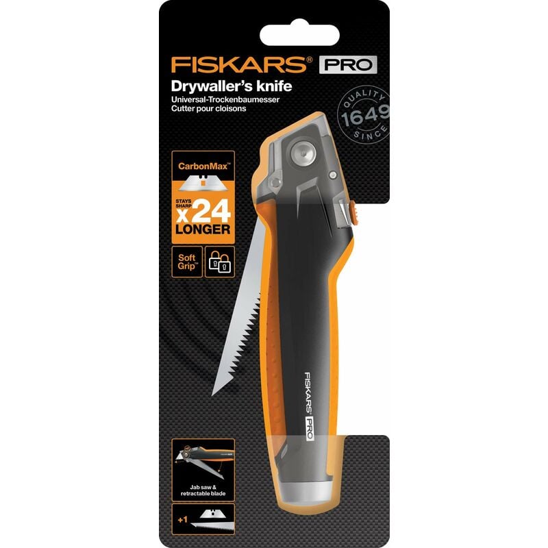 Fiskars Coltello per cartongesso, Lunghezza 18,5 cm, Acciaio inox/Plastica,  Nero/Arancione, CarbonMax, 1027226