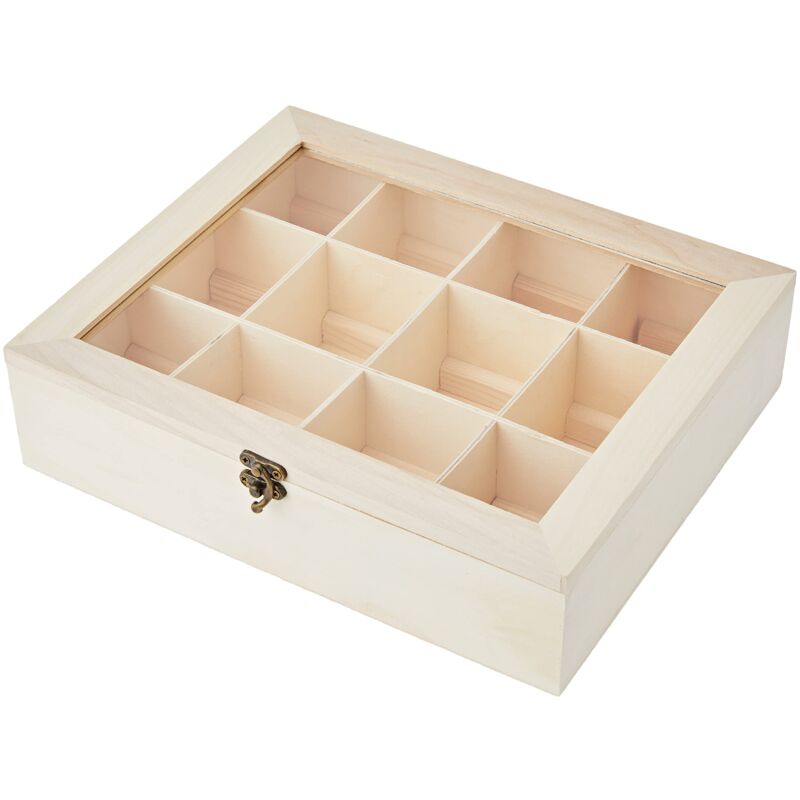 Cofanetto In Legno Grezzo Con 8 Scomparti E Top In Vetro – Ideale Per Decoupage, Tè, Capsule E Gioielli (30x19x9,5 Cm)