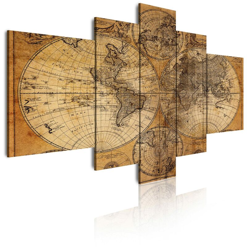 DEKOARTE 67 - Quadro moderno su tela montato su telaio in legno di 5 pezzi,  mappa del mondo antica, 180x85 cm
