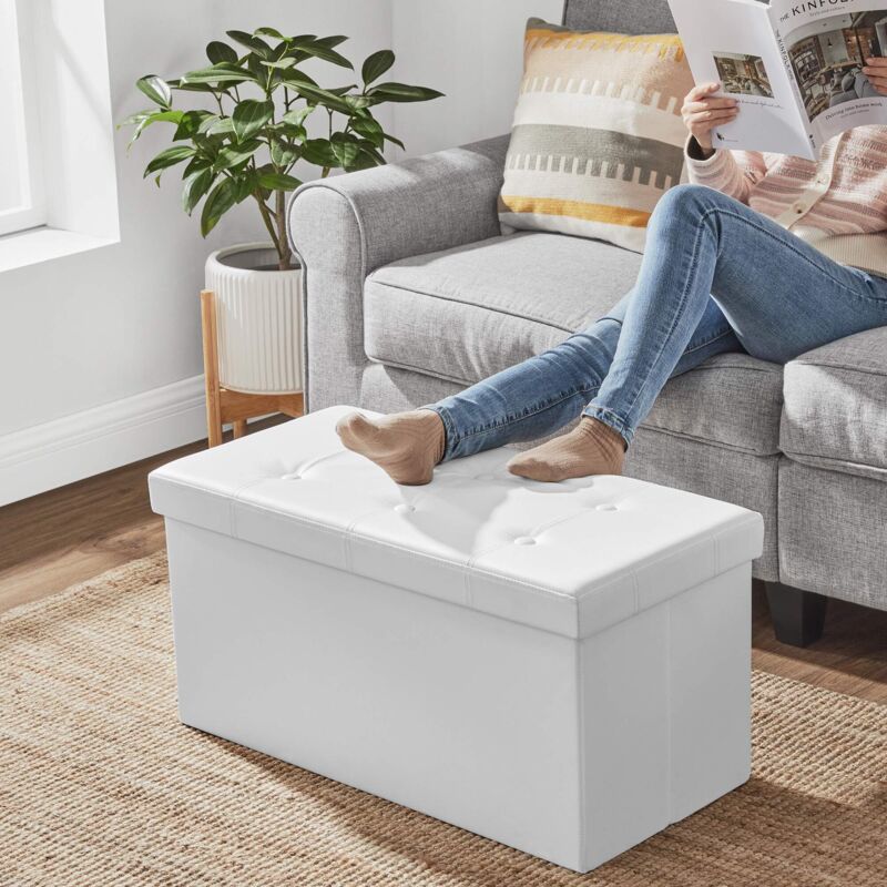 Cassapanca Pouf Pieghevole SONGMICS - 38x38x38 Cm, Bianco Crema, Portaoggetti E Poggiapiedi - Foto 3