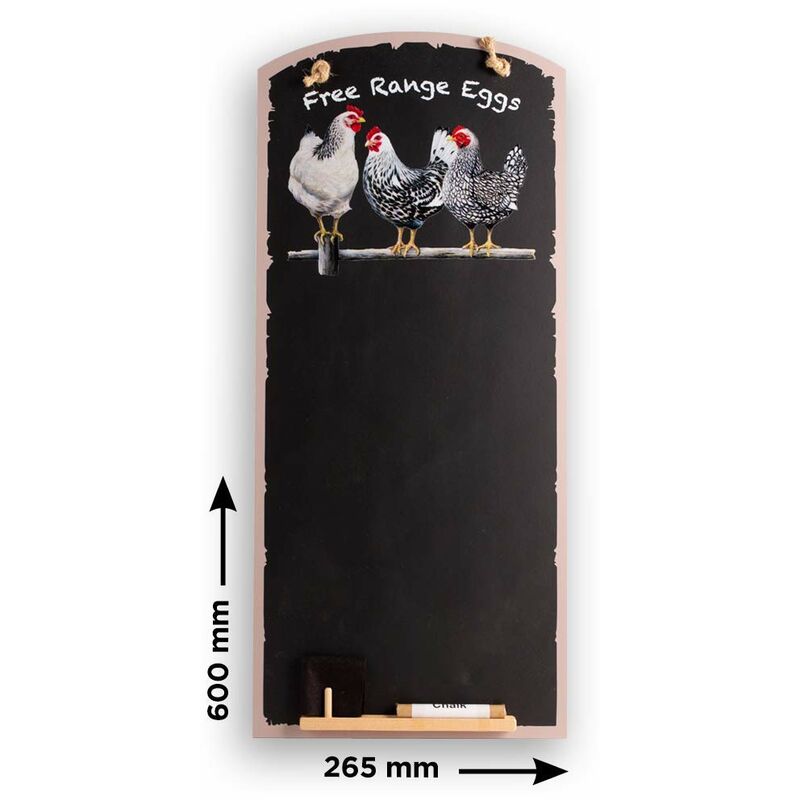 Chalkboards UK nero e bianco polli stampato alto sottile lavagna/lavagna/memo  board/cucina, con corda, vassoio e gesso. Cabine design RANGE, legno, nero,  60 x 26.5 x 1 cm