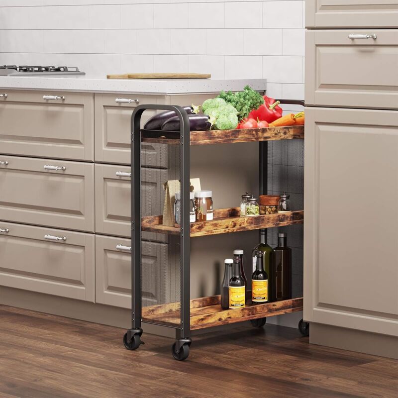 Carrello Da Cucina VASAGLE Con Vassoio - Mobile Con Ruote O Fisso, Acciaio E Legno, Marrone/Nero - Foto 10