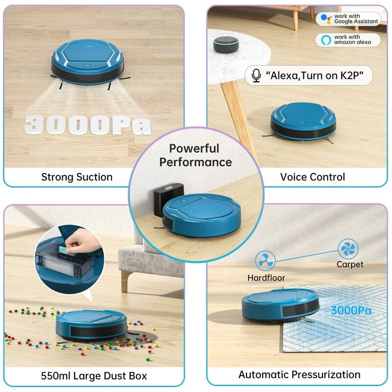 OKP K2P Robot Aspirapolvere, Inteligente Auto Ricarica, 6 Modalità di  Pulizia,Aspirazione 3000Pa Ideale per i Peli degli Animali Domestici, WiFi/ App/Alexa/Google,Pavimenti e Tappeti