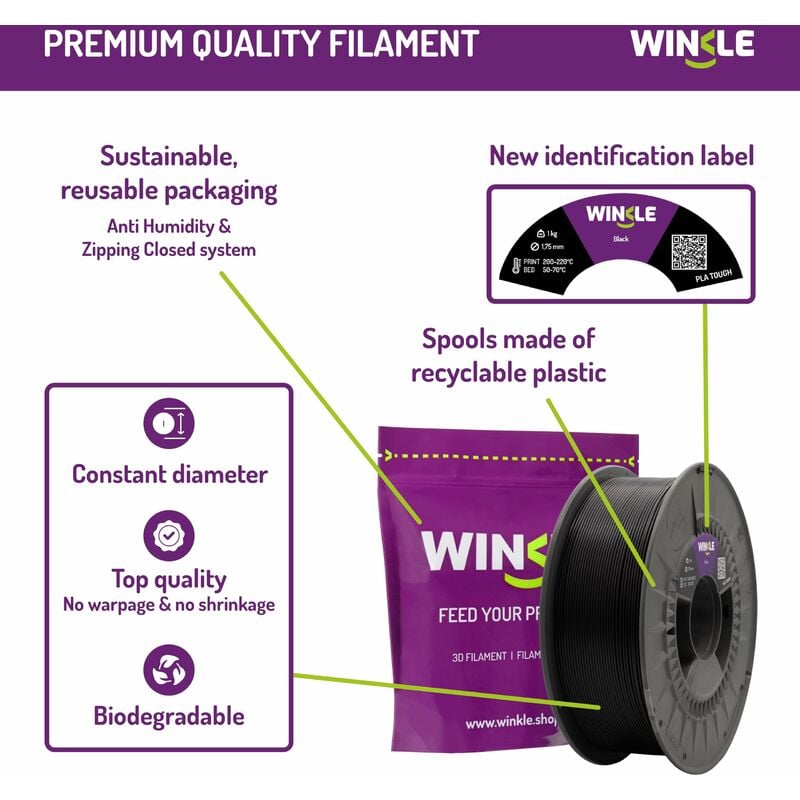 Winkle Filamento PLA Viola Lucido Pla 1.75mm Filamento Stampa Stampante 3D  Filamento 3D Colore Shiny Purple Bobina 1000gr, 8435532914402
