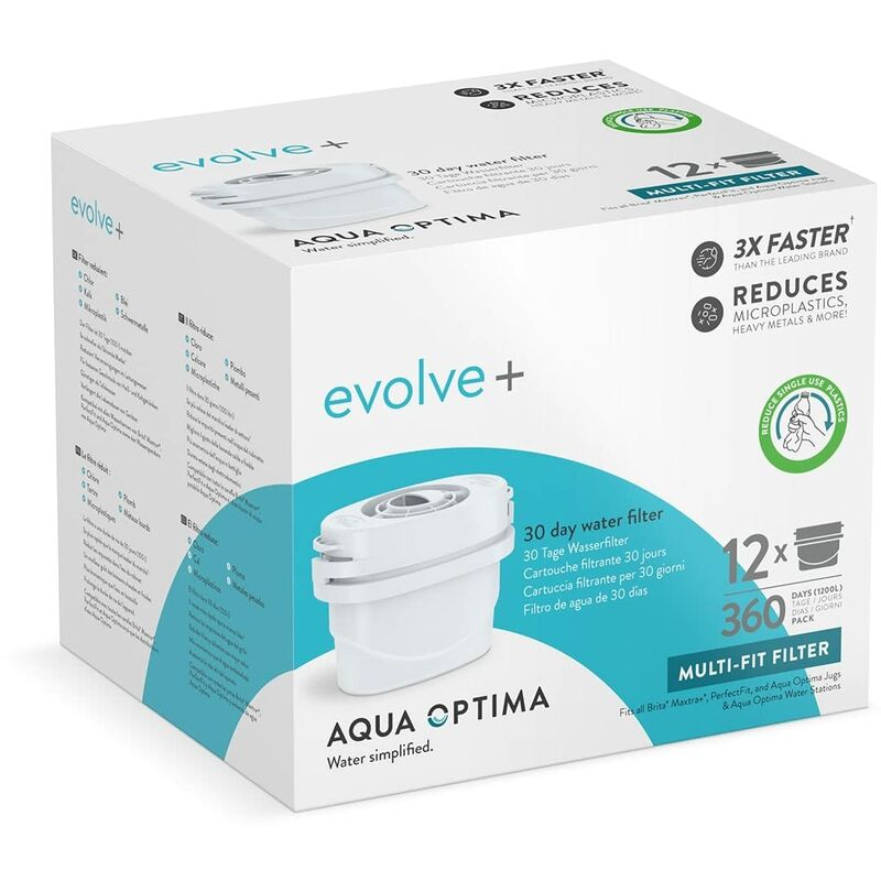 Cartuccia filtro acqua Aqua Optima - Confezione da 12 Evolve+ (fornitura  per 12 mesi), sistema di filtraggio a 5 stadi che riduce il cloro, il  calcare e altre impurità