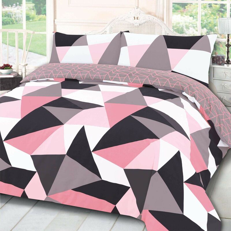 Dreamscene Set di biancheria da letto reversibile con motivo geometrico,  colore: Rosa fard, grigio antracite, super
