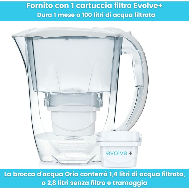 Aqua Optima Oria Caraffa Filtrante, capacità 2,8 litri, con 1 cartuccia  Evolve+ da 30 giorni, sottile adatta al frigorifero, filtrazione in 5 fasi  per acqua potabile pulita