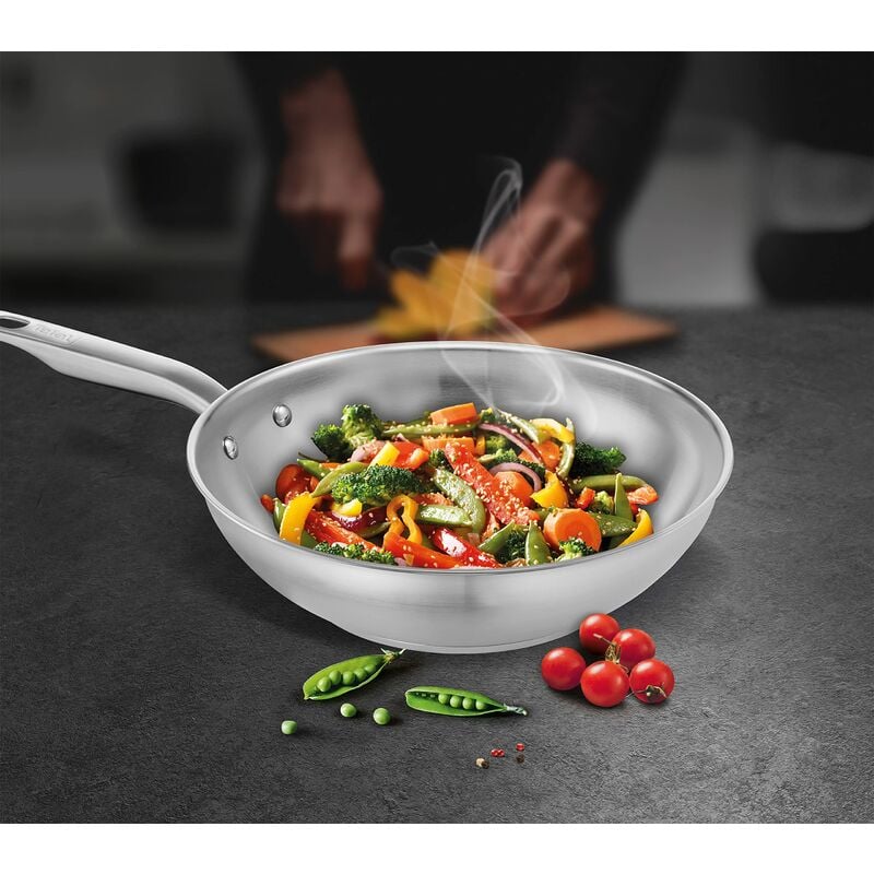 Tefal E49219 - Padella wok Virtuoso, 28 cm, in acciaio inox di alta qualità,  non sigillata, finitura spazzolata, adatta a induzione, adatta al forno fino  a 250 °C, in acciaio inox