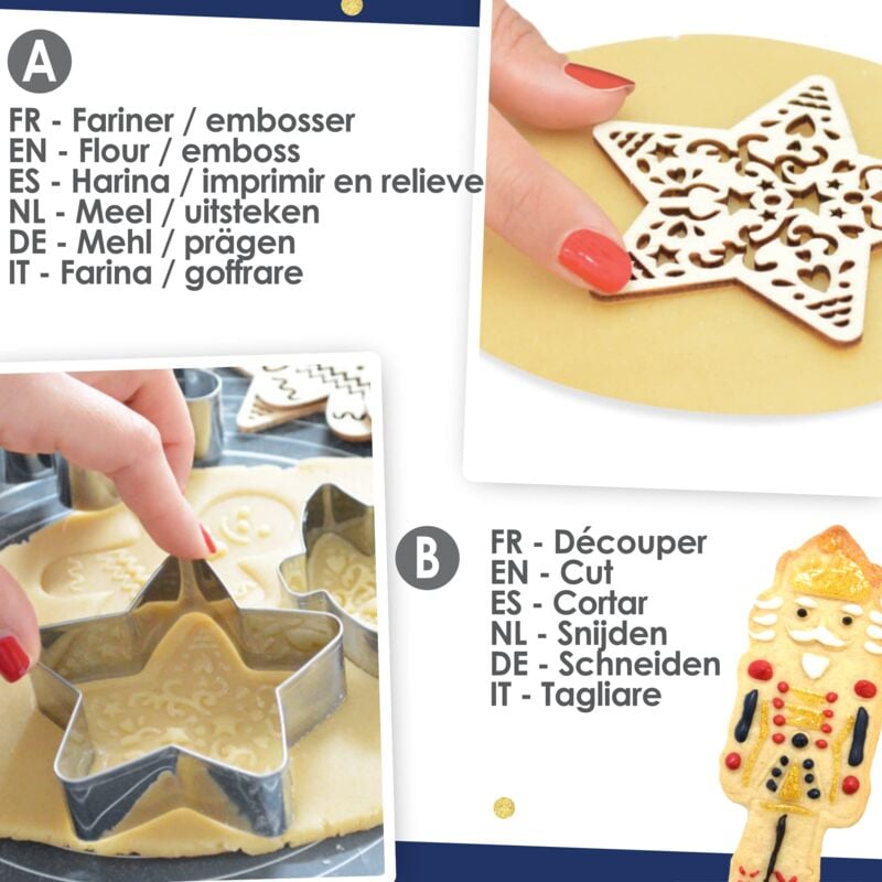 ScrapCooking - Kit Taglierina + Embosser Legno Schiaccianoci - Stampini  natalizi in acciaio inox per biscotti in rilievo - Stampo per pasticceria  frolla - Colore dorato - 2097