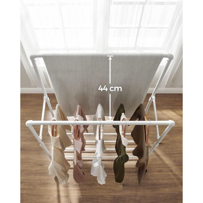 SONGMICS Stand Appendiabiti A Doppia Barra – Struttura Metallo Bianco, Ripiano E Rotelle, Carico 110kg, 59x100x162 Cm