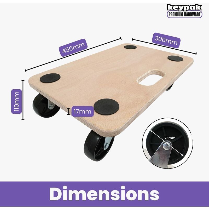 Move-It Carrello con piattaforma con cuscinetti antiscivolo, resistente,  per spostare mobili e attrezzature, capacità di carico 180 kg, in legno (45  x 30 cm)