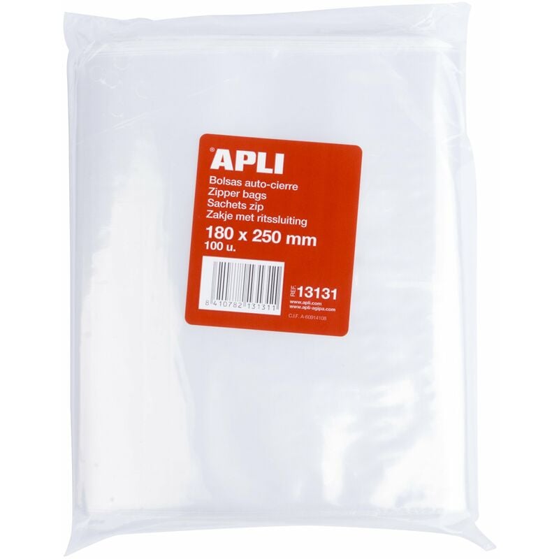 APLI - Confezione di 100 sacchetti di plastica richiudibili 180 x 250 mm