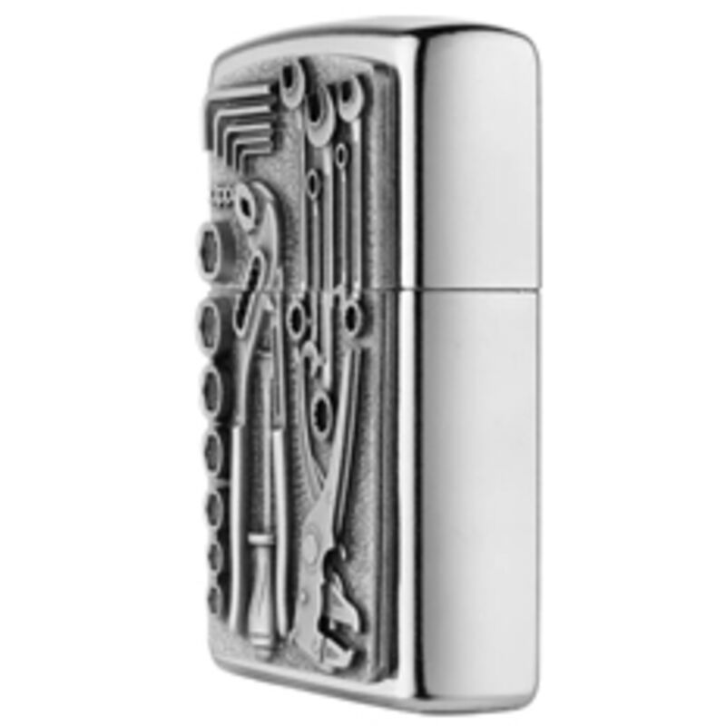 Accendino Zippo Antivento Motivo Cassetta Attrezzi | Finish Street Chrome | Ricaricabile E Con Custodia