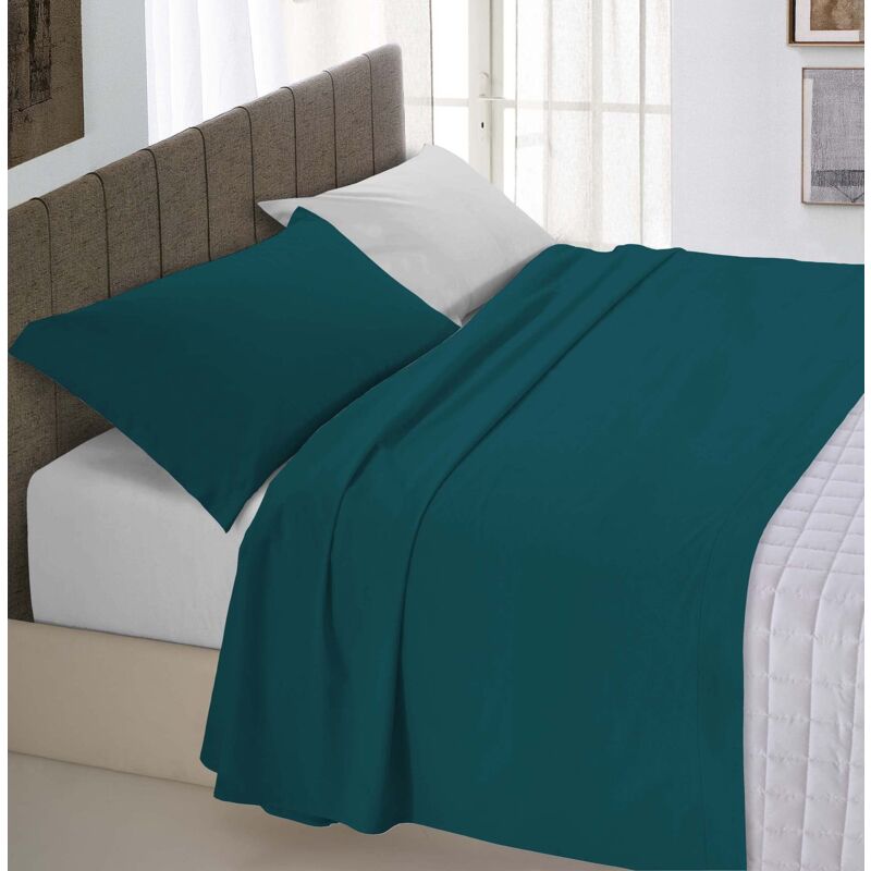 Italian Bed Linen Completo Letto Natural Color, 100% Cotone, Verde Petrolio/Grigio  Chiaro, Matrimoniale