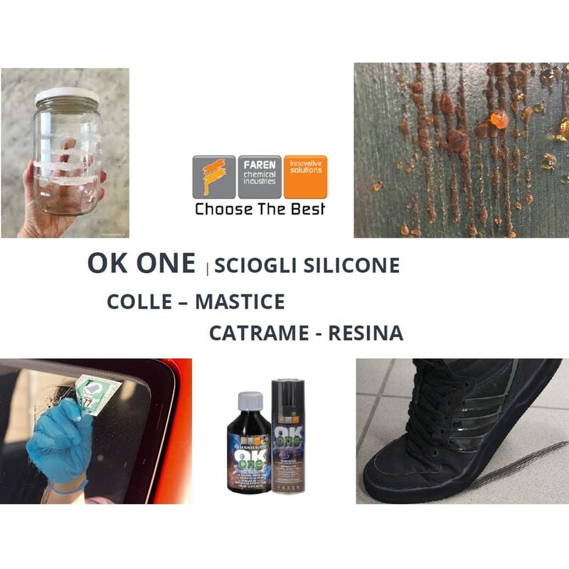 Faren OK ONE, Sciogli Silicone, Rimuovi Etichette, Colla, Mastice, Resina,  Catrame, veloce ed efficace, flacone 250ml