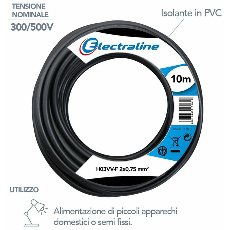 Electraline 11161 Cavo per prolunghe ed elettrodomestici H03VV-F Sezione  2x0,75 mm² - 10 mt - Nero