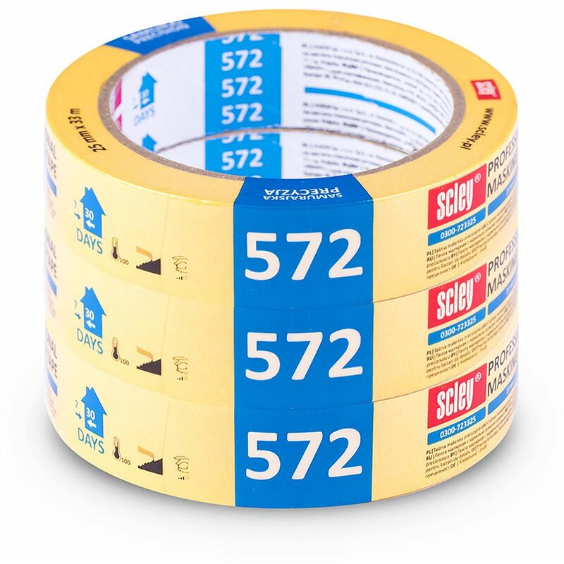 Scley Nastro per mascheratura, Larghezza nastro di crepa 30mm, Lunghezza  33m, 3 pezzi di nastro da pittore, giallo, Nastro in Carta per Mascheratura  Serie 572, A0300-720330