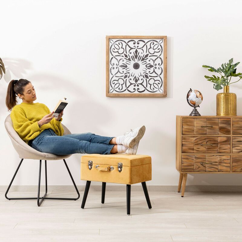 Baroni Home Pouf Contenitore a Forma di Valigia in Velluto, Sgabello con  Zampe in Legno Ocra