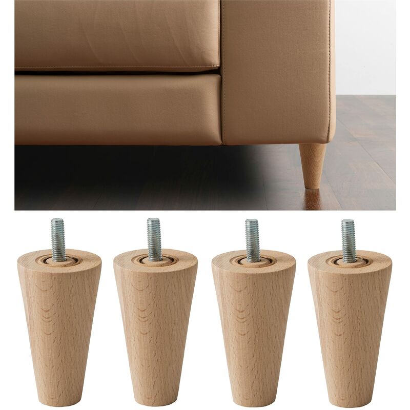 IPEA Piedini per Mobili e Divani Alti 10 cm in Legno - Made in Italy -  Forma a Cono - Set di 4 Gambe per Armadi, Poltrone, Letto- 100 mm - Piedi  in Faggio, Colore Chiaro