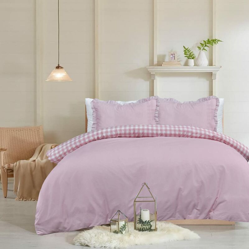 Sleepdown - Set copripiumino reversibile, motivo in tinta unita a  quadretti, morbido e facile da pulire, con federe con bordo increspato, per  letto singolo, 135 cm x 200 cm, colore rosa
