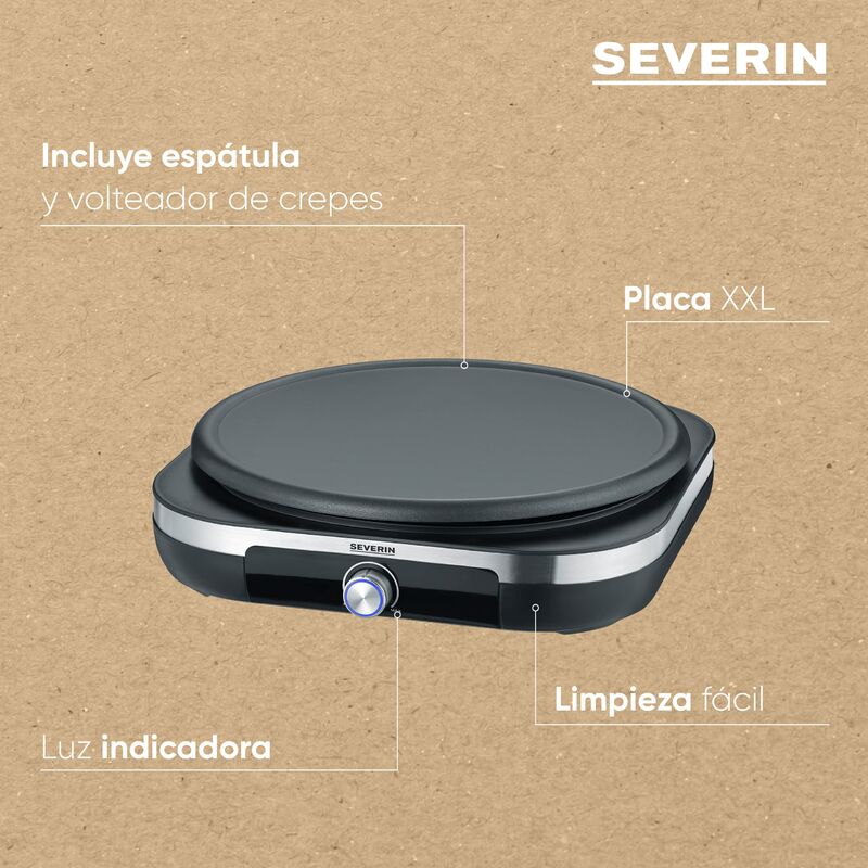 SEVERIN CM 2199 Crepiera elettrica XXL, Crepes maker con temperatura  regolabile, piastra antiaderente removibile e spatola giracrepes inclusa,  utile anche come piastra per pancake