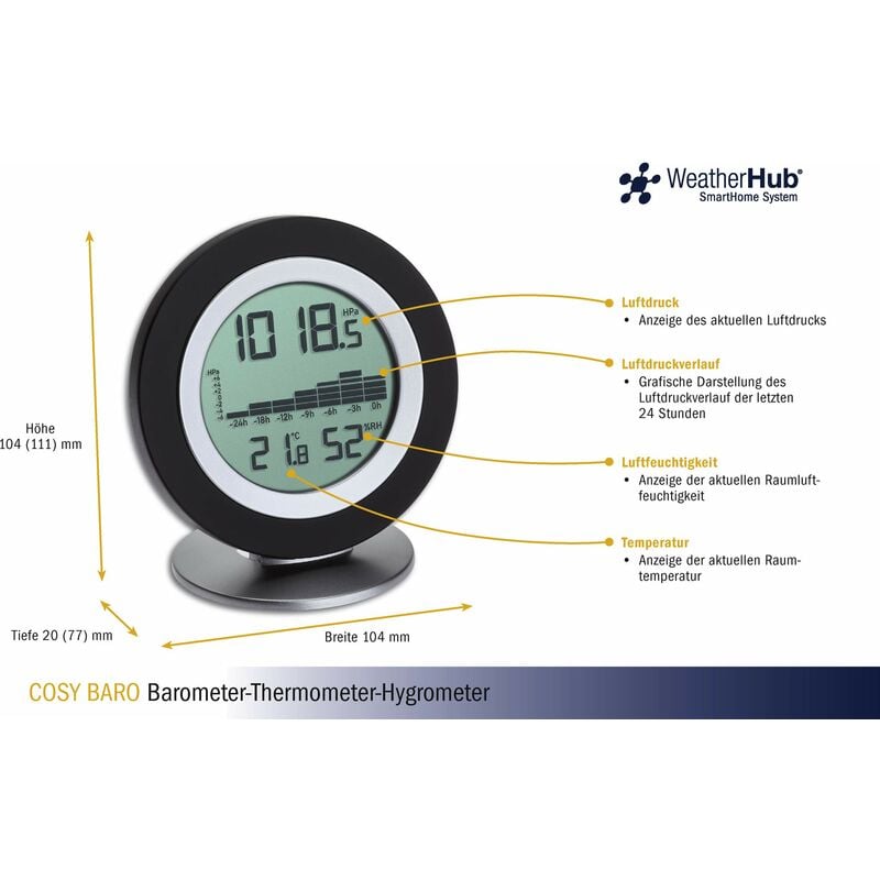TFA Dostmann WeatherHub Thermomètre hygromètre numérique COSY BARO Station  météo avec vue graphique Noir 120 x 55 x 150 mm : : Jardin