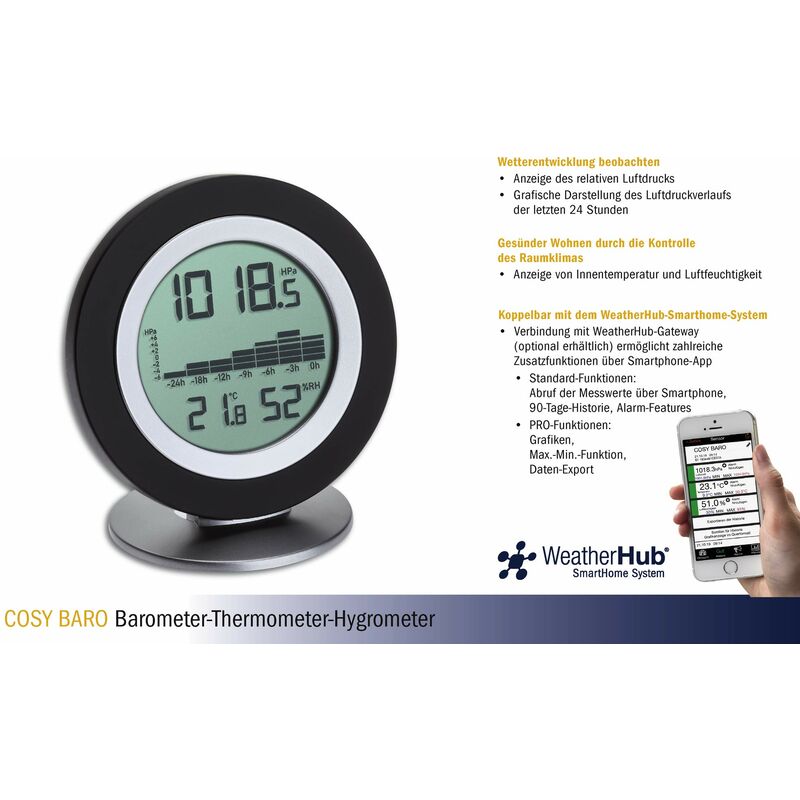 TFA Dostmann WeatherHub - Termometro digitale Barometro Cosy BARO, stazione  meteo con panoramica grafica, colore: nero, 120