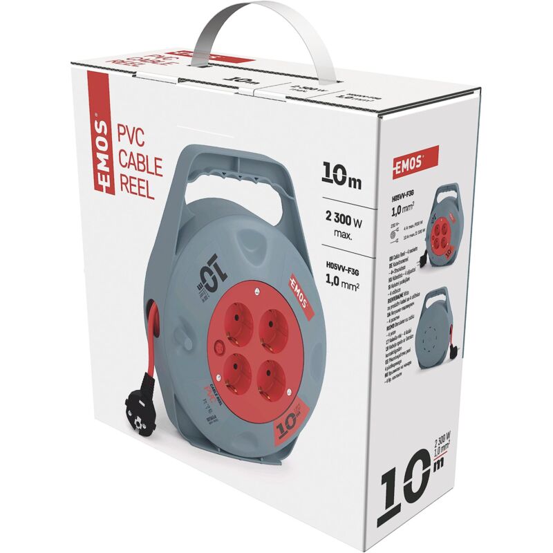 Avvolgicavo EMOS 10m - 4 Prese Schuko, 2300W, Interruttore Termico, Per Interno Grigio/rosso - Foto 4